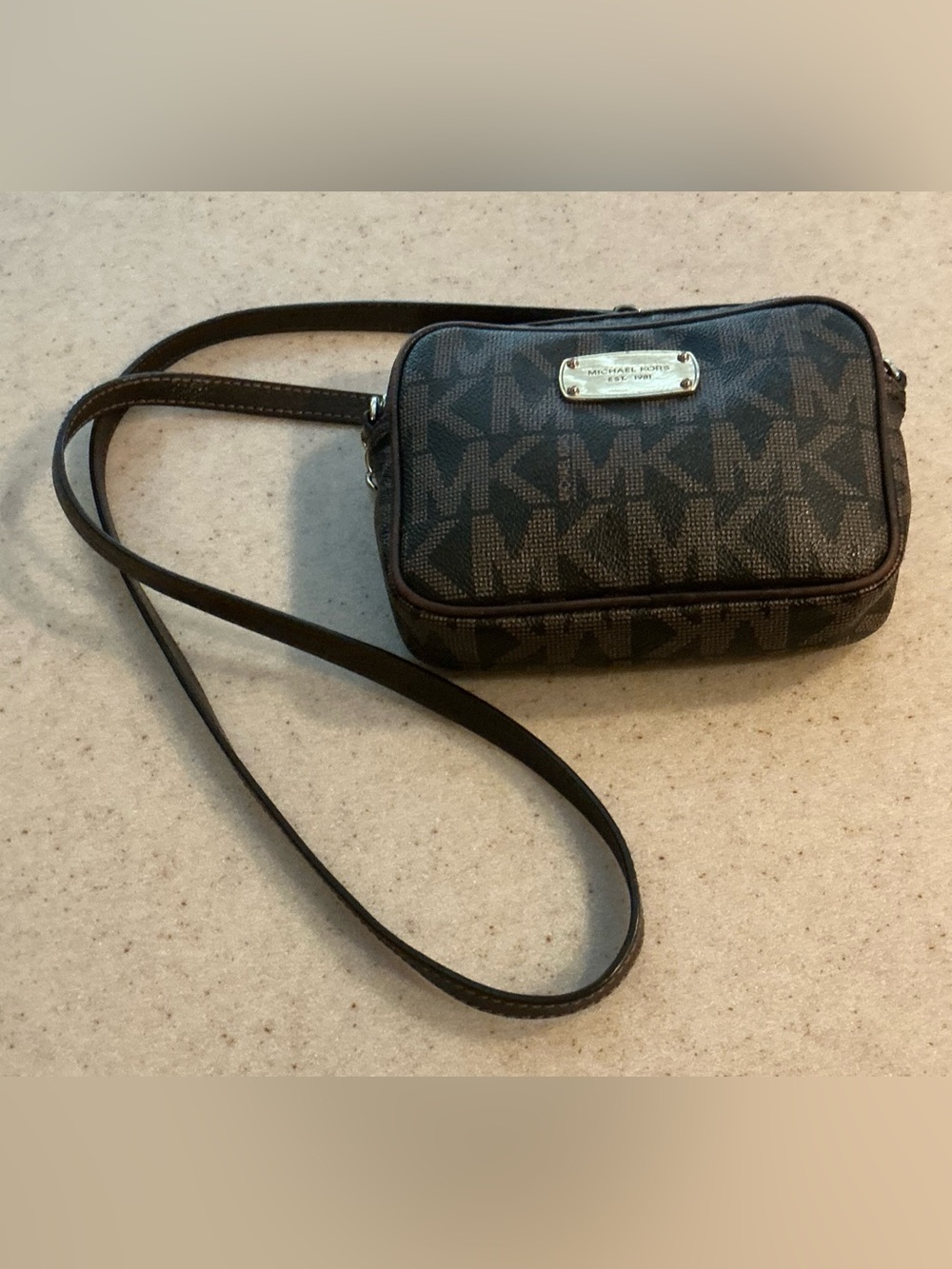 Michael Kors Dark Brown MK Print Crossbody with Gold Plaque 61/2 5 1 1/2 bottom